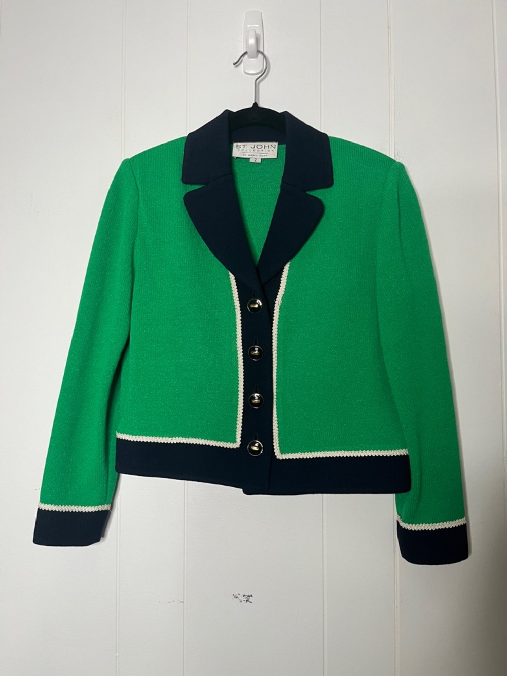 St. John Kelly Green & Navy Knit Jacket Blazer with Contrast Trim